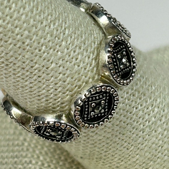 Vintage Designer Signed CW Sterling Silver Marcasite Ring Band Abalone Inlay - Picture 4 of 7